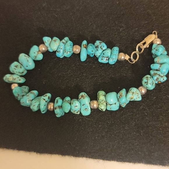 Genuine Turquoise Bracelet , 8 sterling silver beads embelish this bracelet - Picture 3 of 4